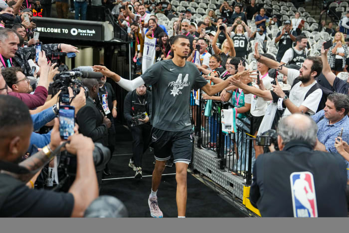 Oct 25, 2023; San Antonio, Texas, USA; San Antonio Spurs center Victor Wembanyama (1) enters the court before the game against the Dallas Mavericks at the Frost Bank Center.